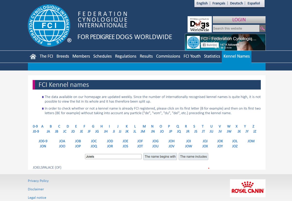Screenshot of the FCI database showing the registered kennel name Joiel’s Palace