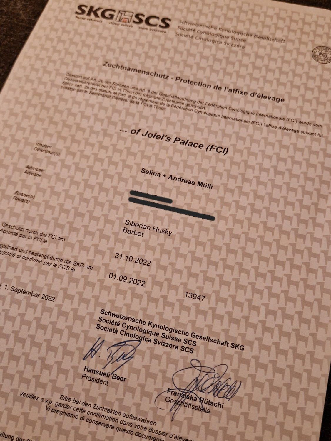 Swiss Cynological Society (SKG) certificate for the Joiel’s Palace kennel